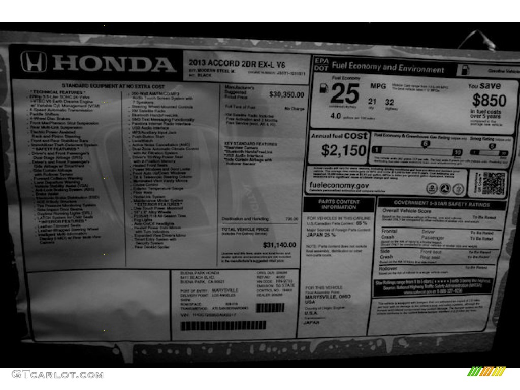 2013 Honda Accord EX-L V6 Coupe Window Sticker Photo #74426541