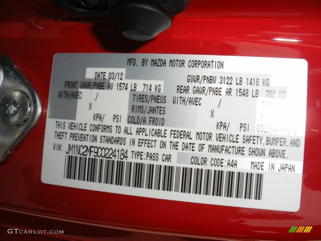 2012 Mazda MX5 Miata Touring Hard Top Roadster Color Code
