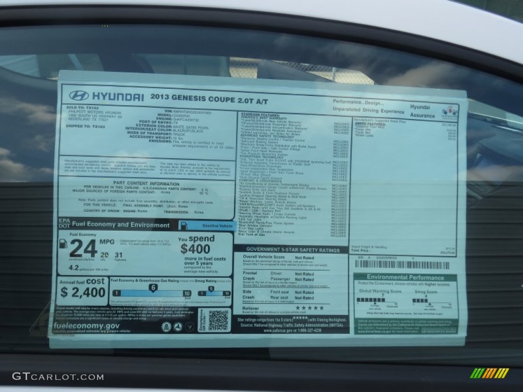 2013 Hyundai Genesis Coupe 2.0T Window Sticker Photo #74479614