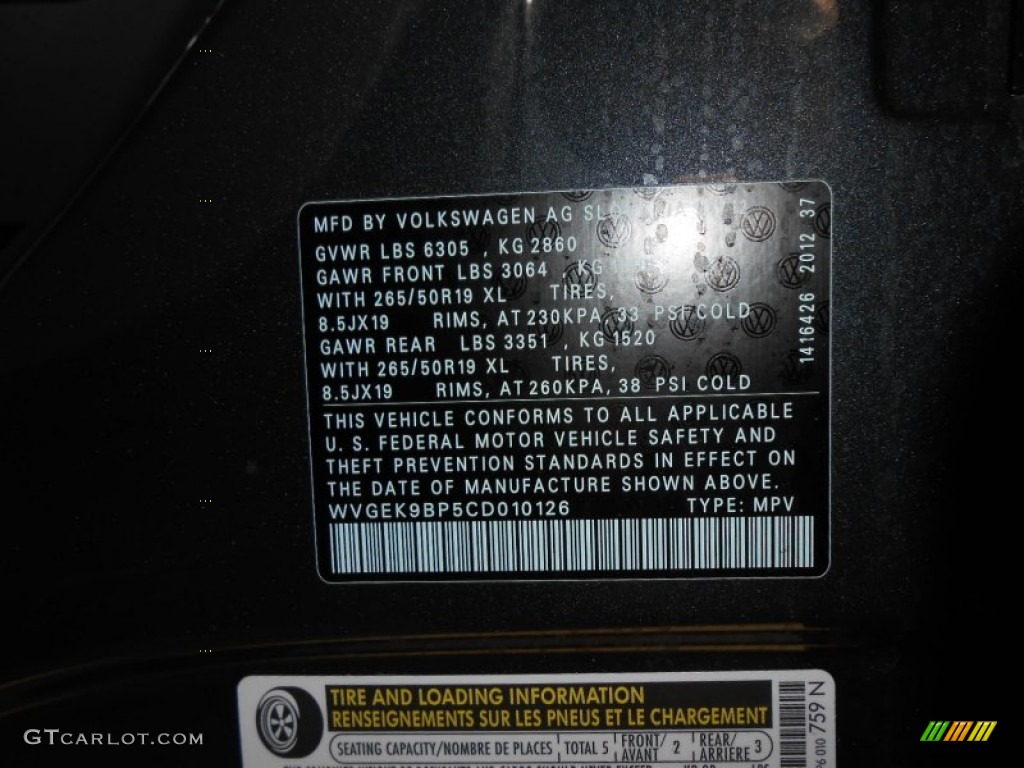 2012 Touareg TDI Lux 4XMotion - Canyon Gray Metallic / Black Anthracite photo #22
