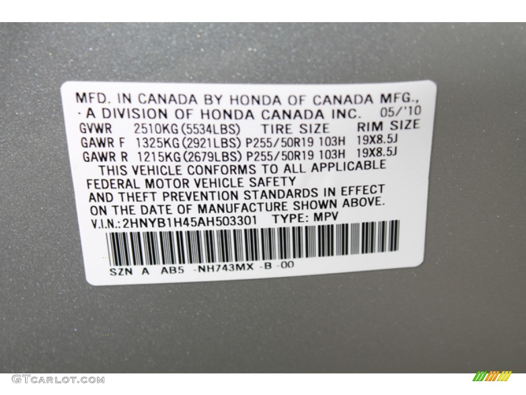 2010 Acura ZDX AWD Technology Color Code Photos