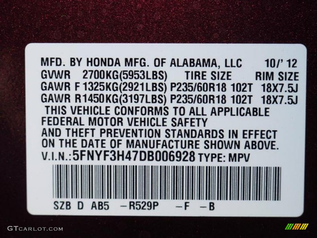 2013 Pilot Color Code R529P for Dark Cherry Pearl Photo #74494295