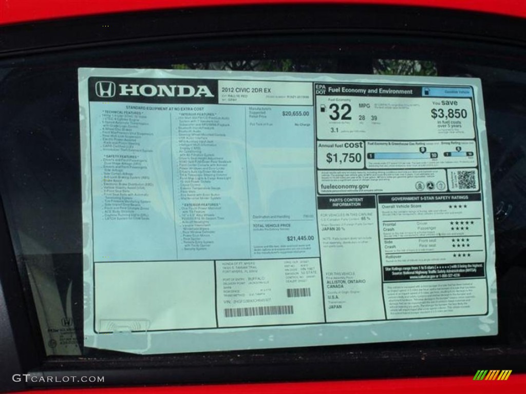 2012 Civic EX Coupe - Rallye Red / Gray photo #8