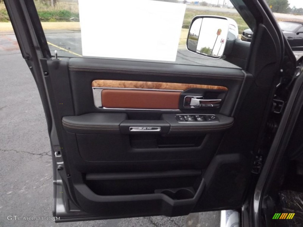 2013 Ram 1500 Laramie Longhorn Crew Cab 4x4 Longhorn Black/Cattle Tan Door Panel Photo #74506562