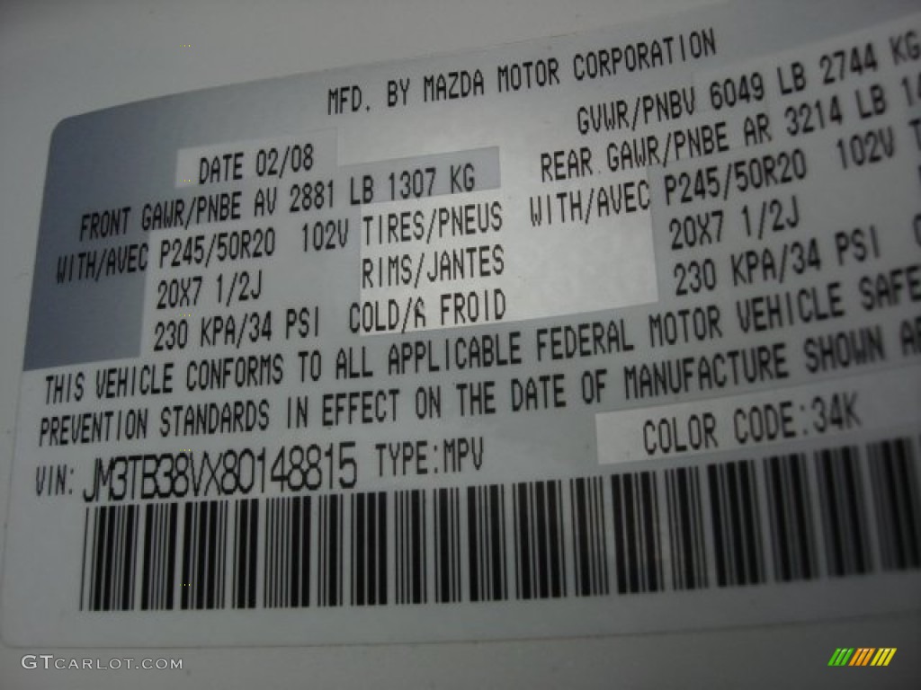 2008 CX-9 Color Code 34K for Crystal White Pearl Mica Photo #74526977