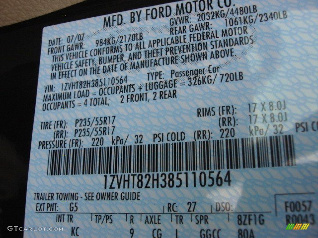 2008 Ford Mustang GT Premium Coupe Color Code Photos