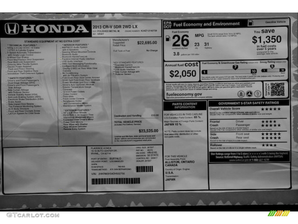 2013 Honda CR-V LX Window Sticker Photo #74540243