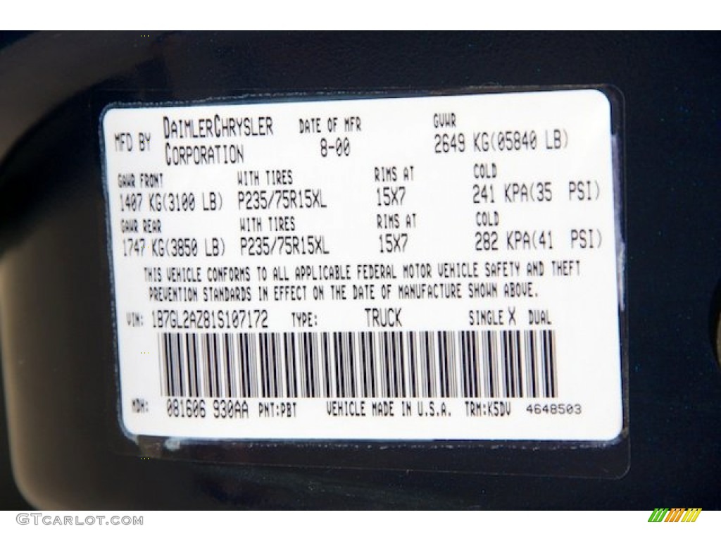 2001 Dodge Dakota SLT Quad Cab Color Code Photos