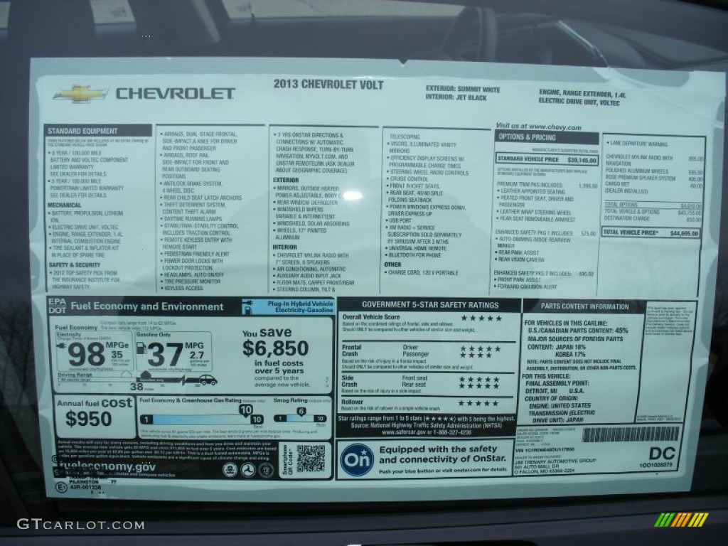 2013 Chevrolet Volt Standard Volt Model Window Sticker Photo #74584544