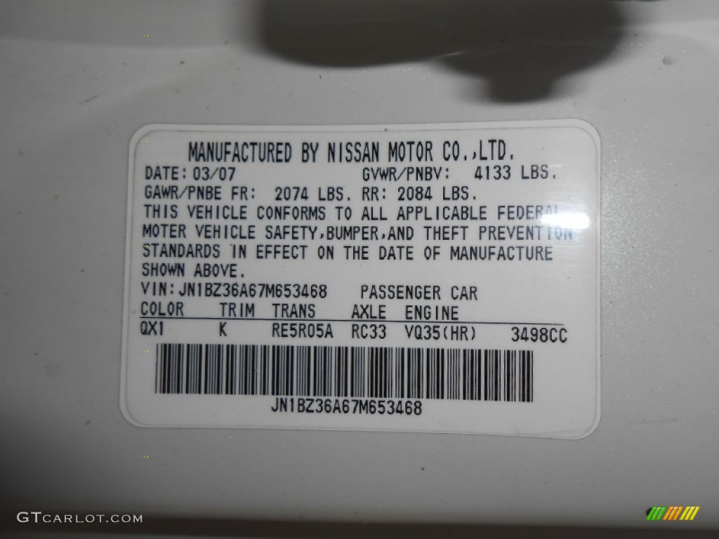 2007 350Z Color Code QX1 for Pikes Peak White Pearl Photo #74593193