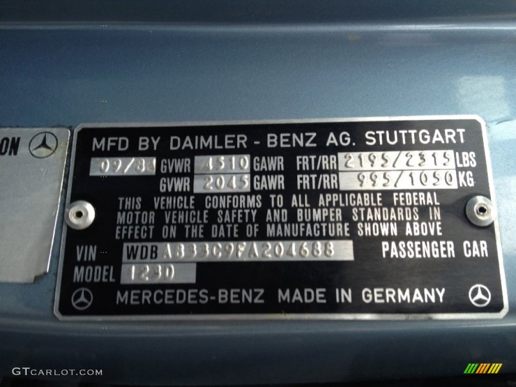 1985 Mercedes-Benz E Class 300 D Sedan Info Tag Photo #74593976