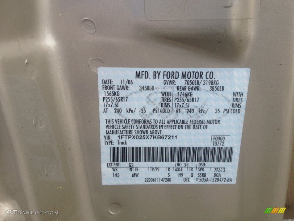 2007 Ford F150 XLT SuperCab Color Code Photos