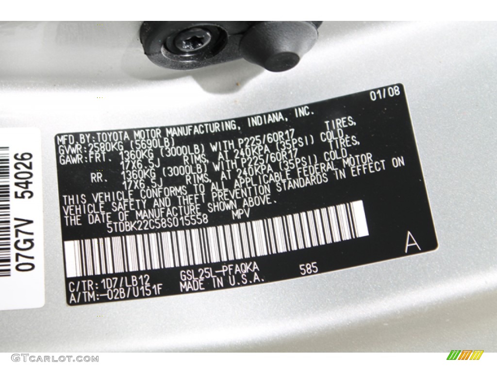 2008 Toyota Sienna XLE AWD Color Code Photos