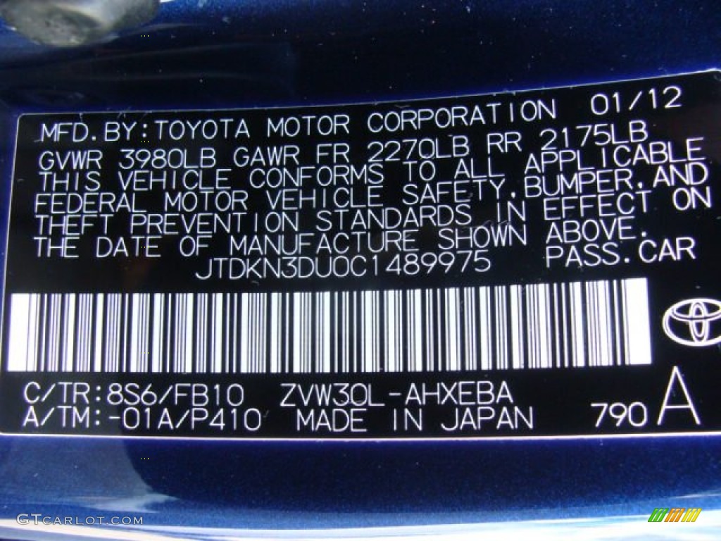 2012 Prius 3rd Gen Color Code 8S6 for Nautical Blue Metallic Photo #74643029