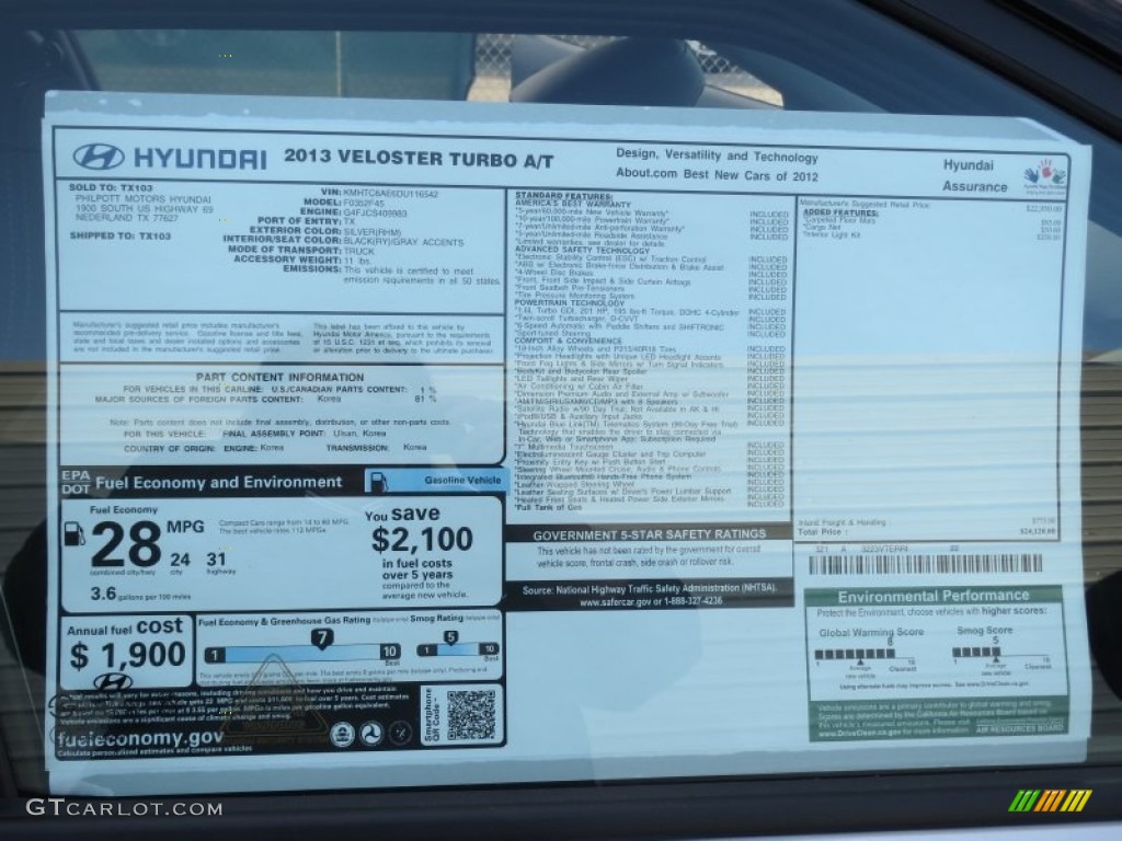2013 Hyundai Veloster Turbo Window Sticker Photo #74662194
