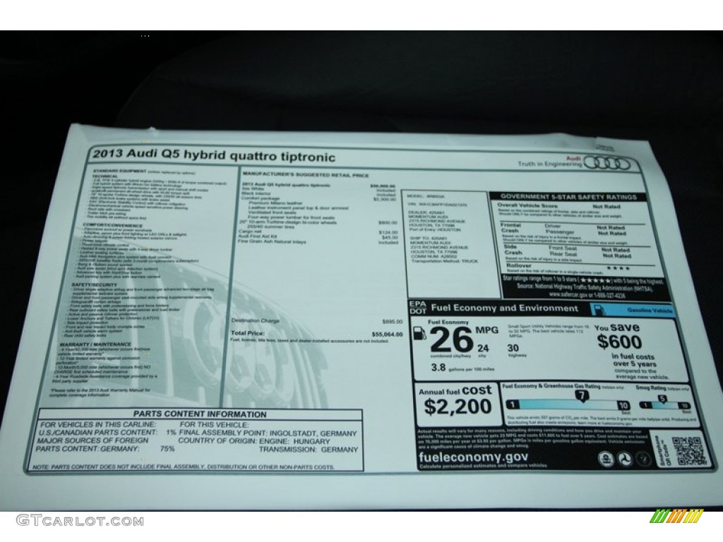 2013 Audi Q5 2.0 TFSI hybrid quattro Window Sticker Photo #74665776