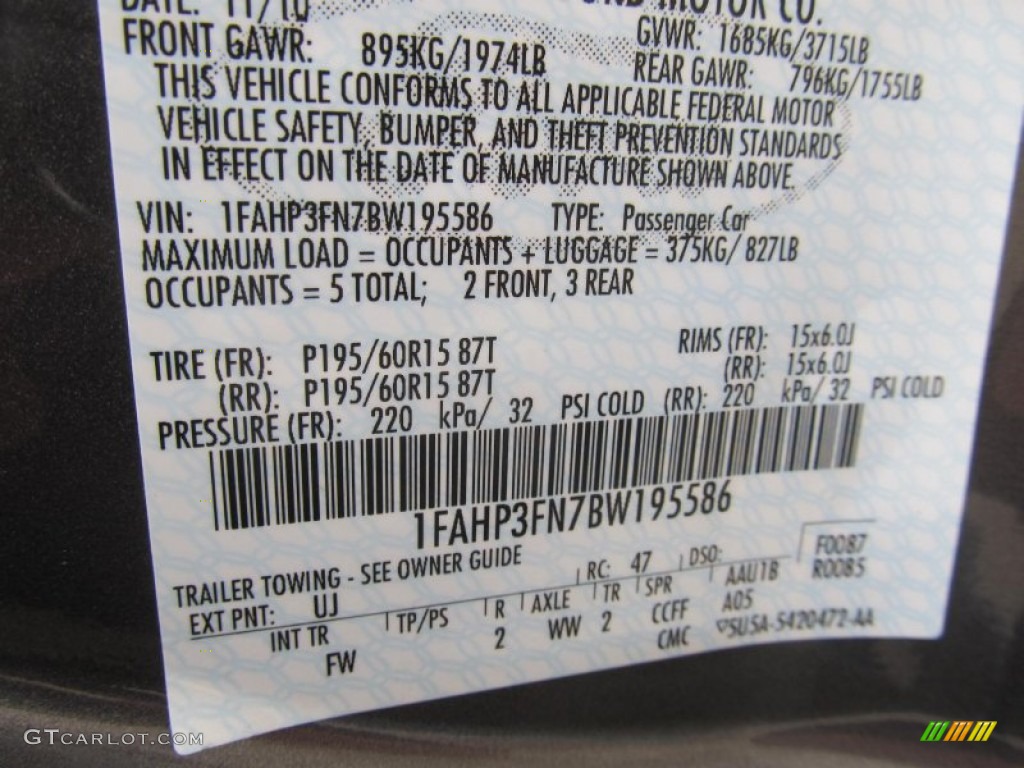 2011 Ford Focus SE Sedan Color Code Photos