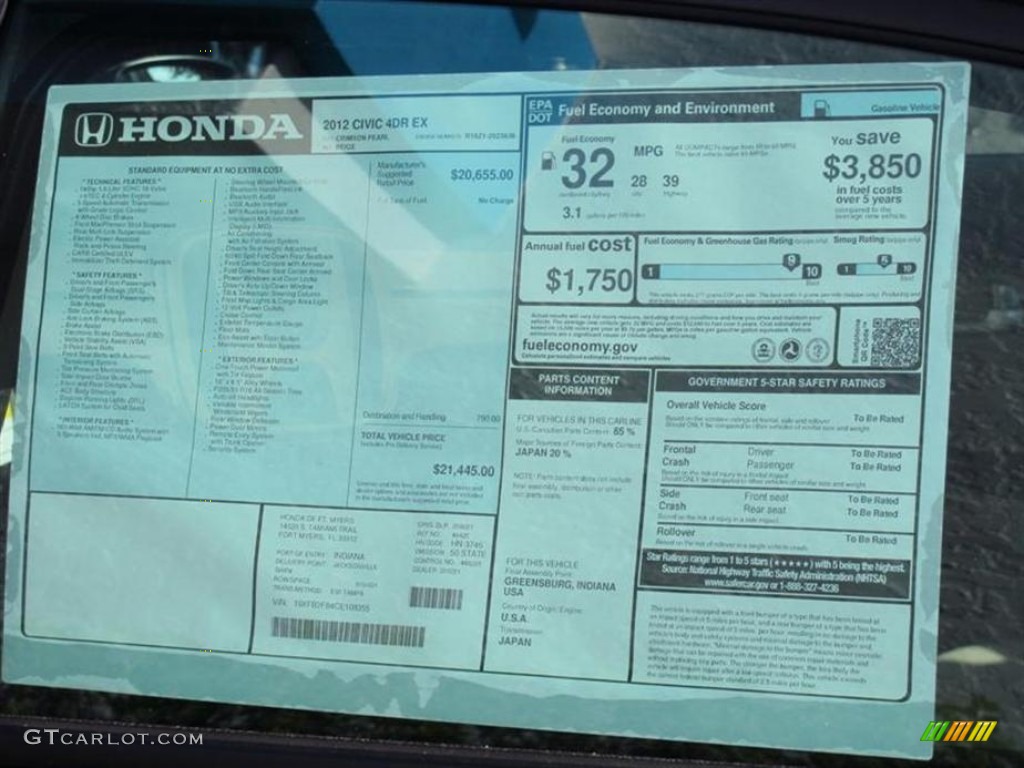 2012 Honda Civic EX Sedan Window Sticker Photos