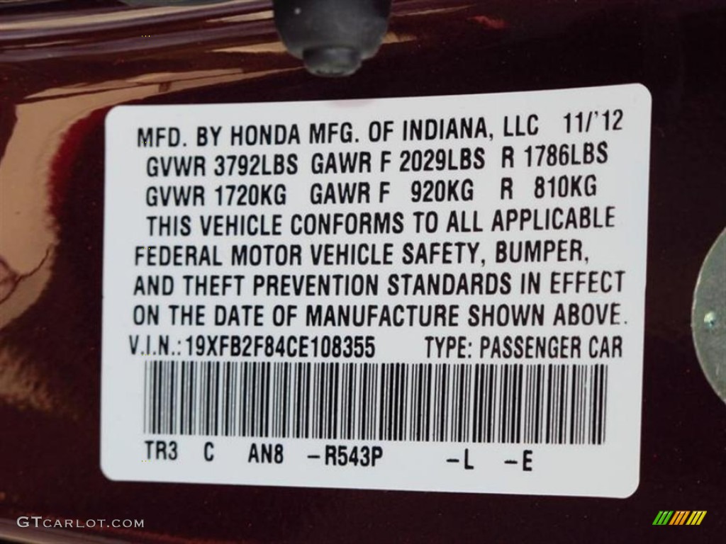 2012 Civic Color Code R543P for Crimson Pearl Photo #74680833