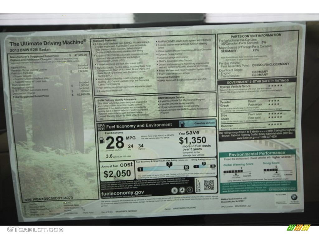 2013 5 Series 528i Sedan - Alpine White / Venetian Beige photo #28