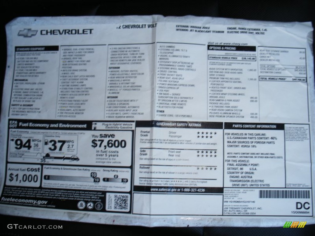 2012 Chevrolet Volt Hatchback Window Sticker Photo #74705795