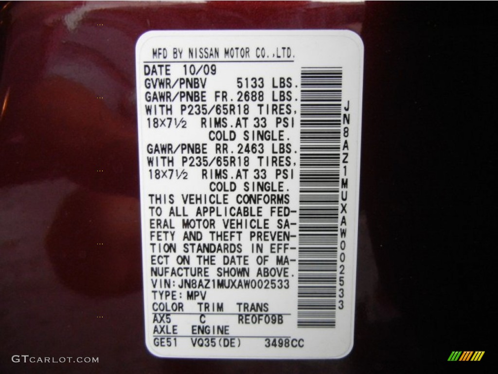 2010 Murano Color Code AX5 for Merlot Red Metallic Photo #74706556