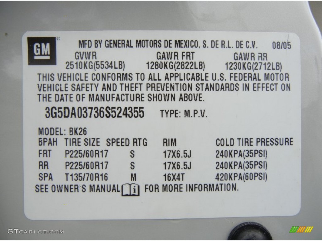 2006 Buick Rendezvous CXL Info Tag Photo #74707731