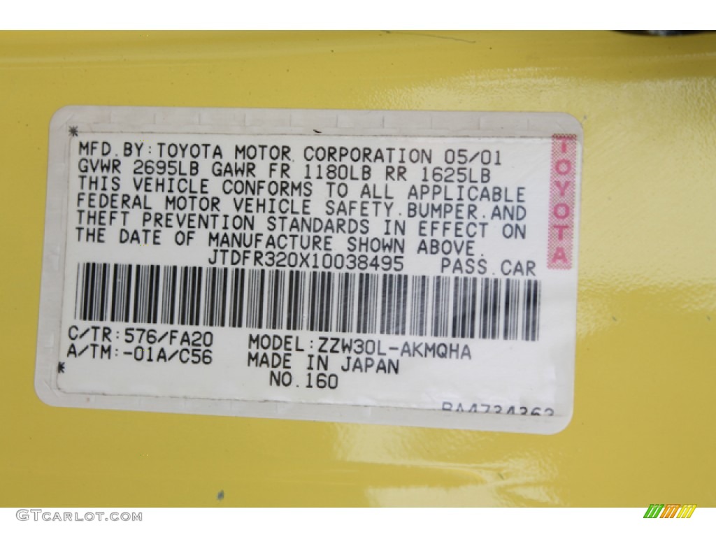 2001 MR2 Spyder Color Code 576 for Solar Yellow Photo #74722198