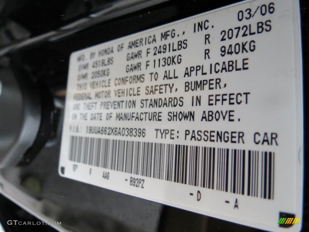 2006 TL Color Code B92PZ for Nighthawk Black Pearl Photo #74729308