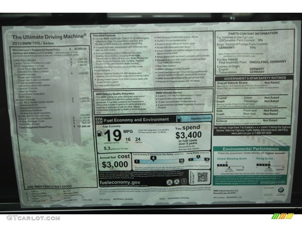 2013 BMW 7 Series 750Li Sedan Window Sticker Photo #74772038