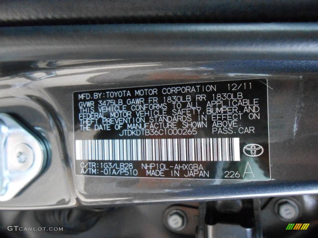 2012 Prius c Color Code 1G3 for Magnetic Gray Metallic Photo #74797667