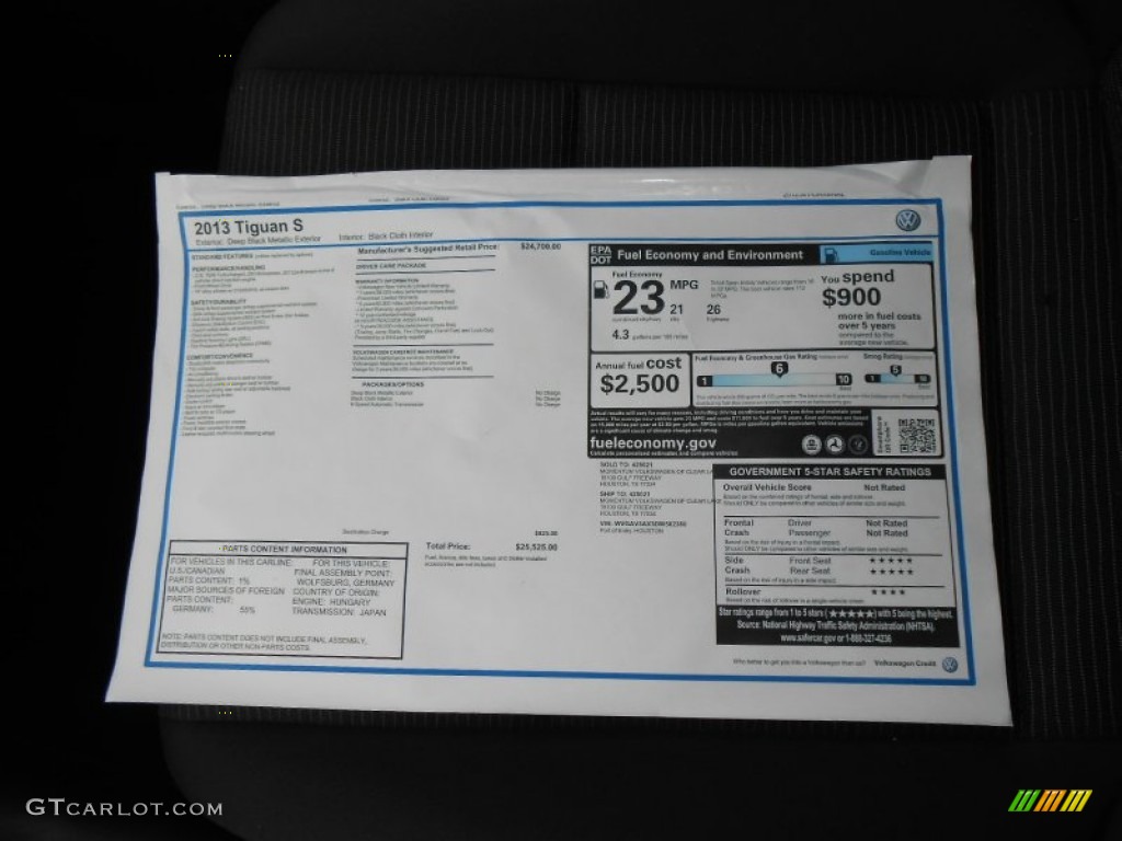 2013 Volkswagen Tiguan S Window Sticker Photo #74802801