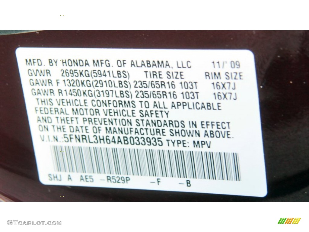 2010 Odyssey Color Code R529P for Dark Cherry Pearl Photo #74811892