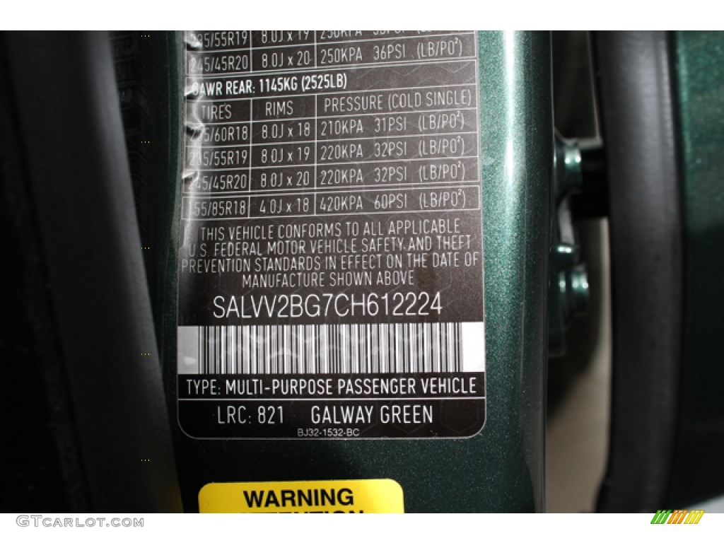 2012 Range Rover Evoque Color Code 821 for Galway Green Metallic Photo #74812568