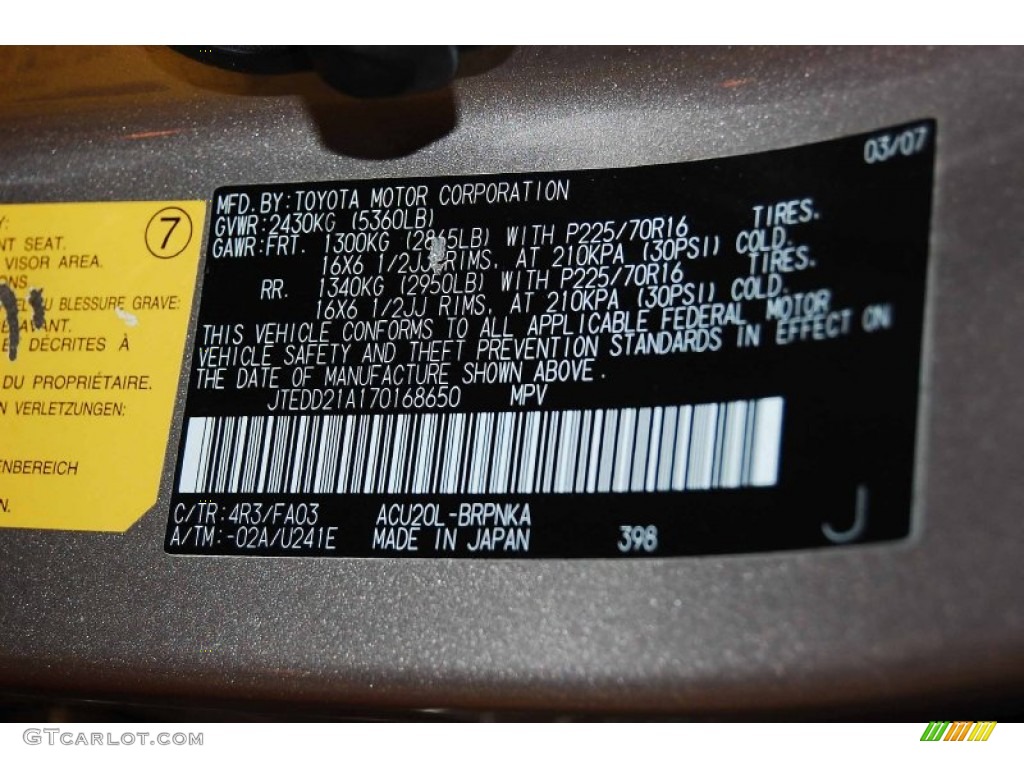 2007 Highlander Color Code 4R3 for Sonora Gold Pearl Photo #74828618