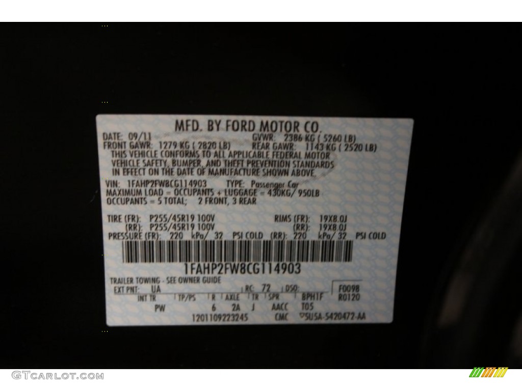 2012 Taurus Color Code UA for Ebony Black Photo #74830010