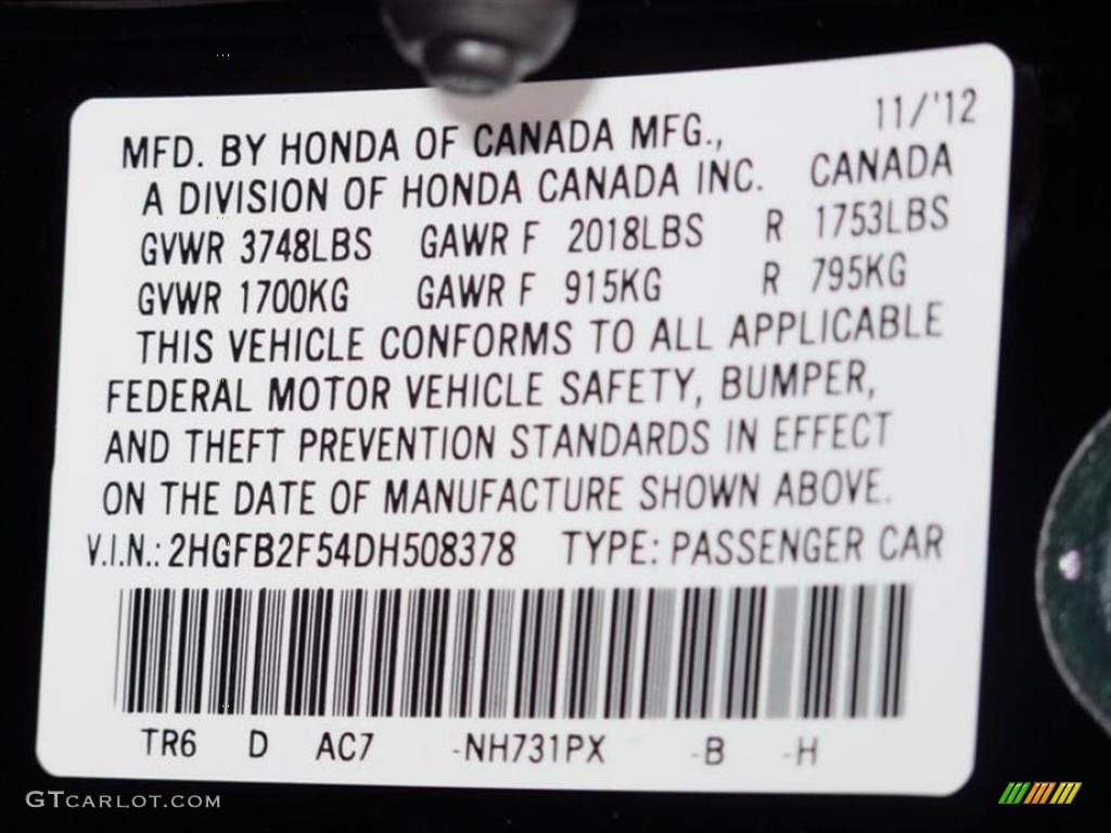 2013 Civic Color Code NH731PX for Crystal Black Pearl Photo #74838779