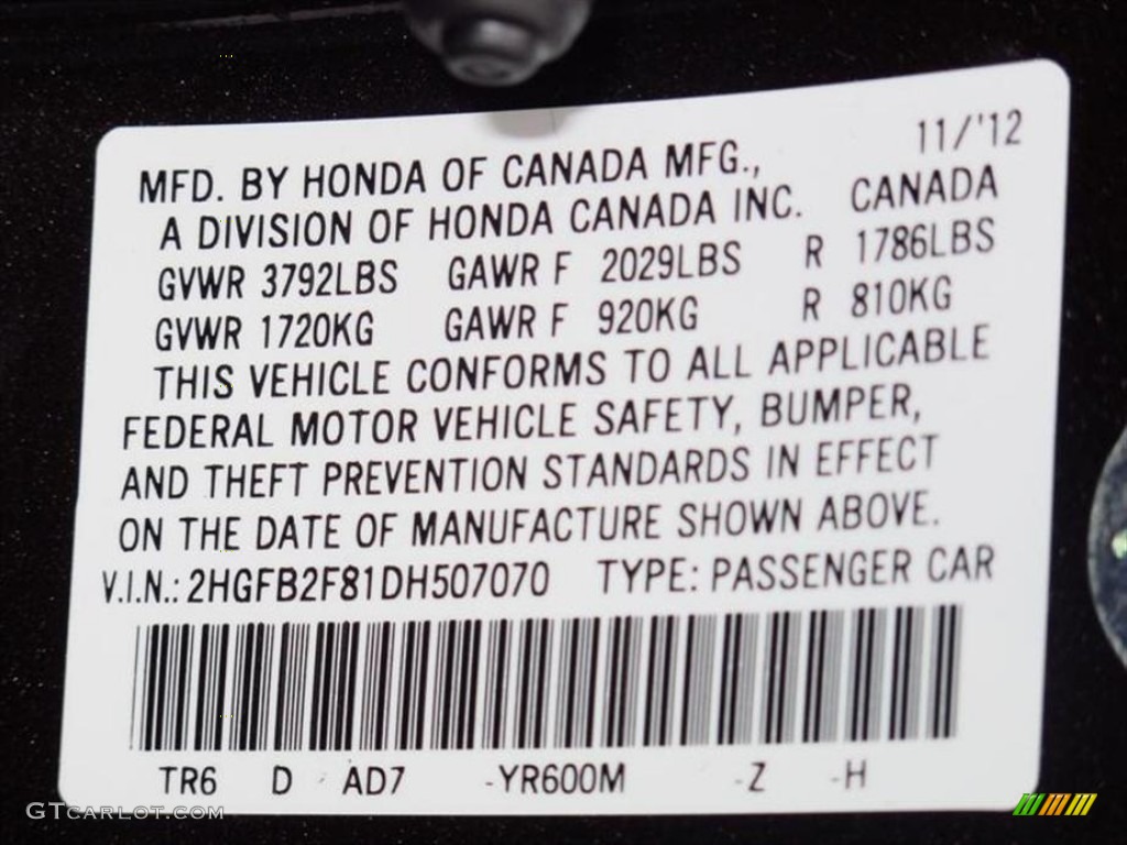 2013 Civic Color Code YR600M for Kona Coffee Metallic Photo #74839222