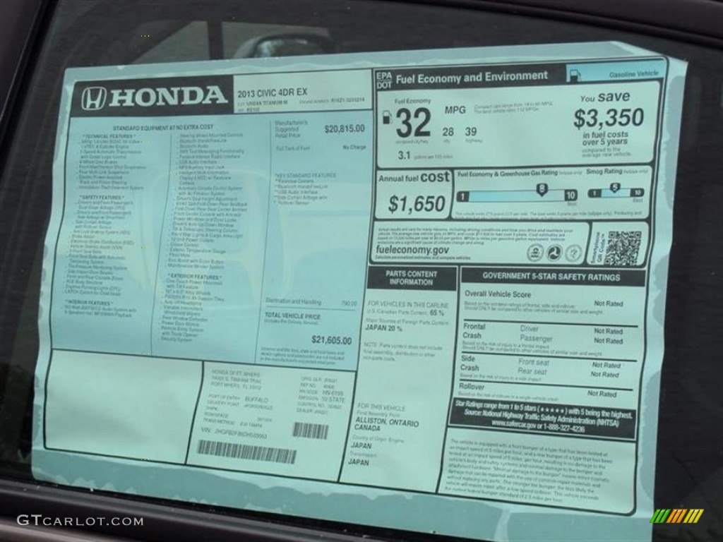2013 Honda Civic EX Sedan Window Sticker Photo #74839511