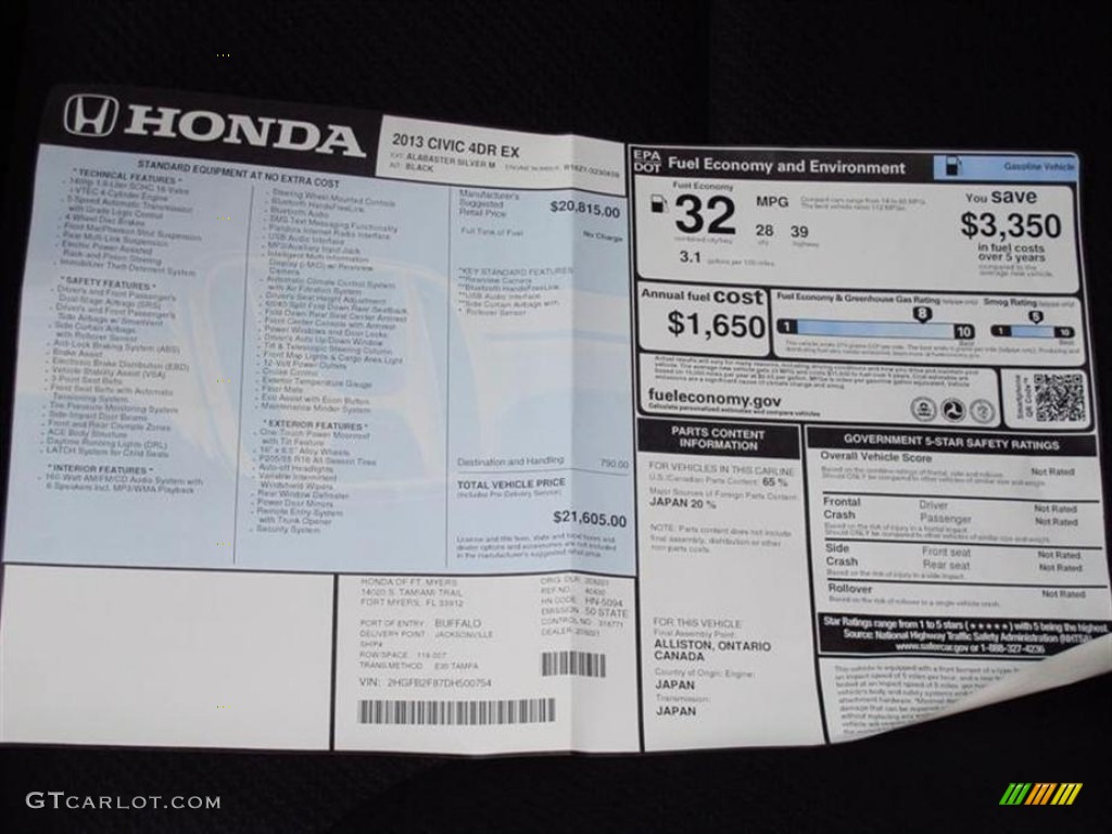 2013 Honda Civic EX Sedan Window Sticker Photo #74839809
