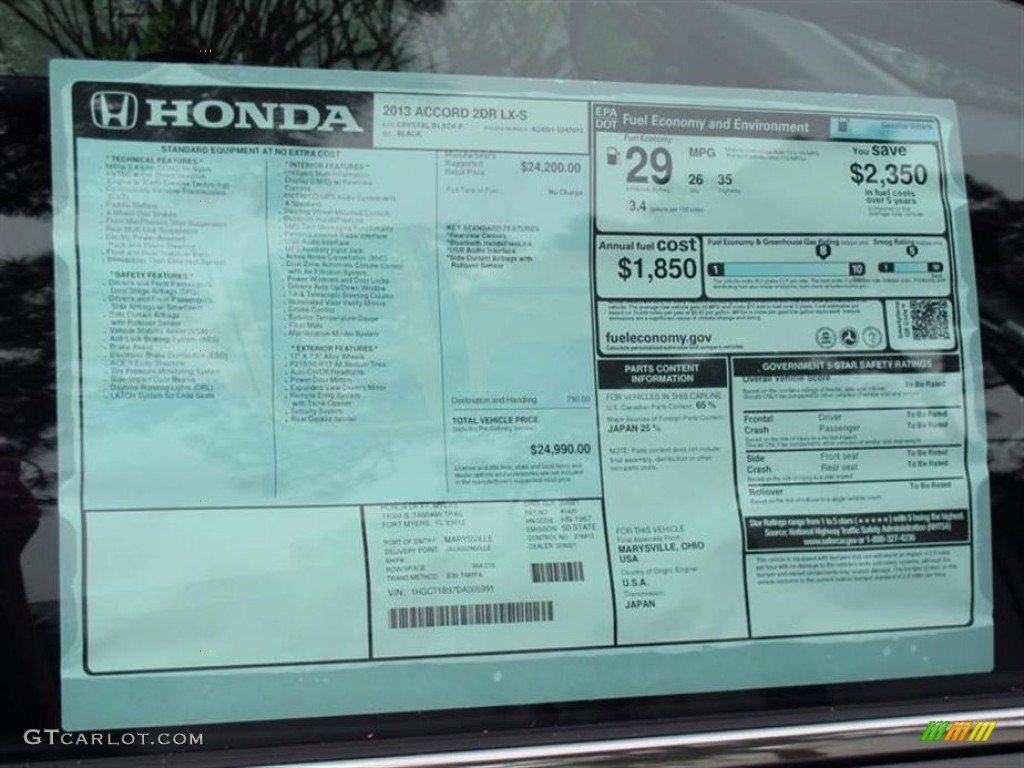 2013 Honda Accord LX-S Coupe Window Sticker Photo #74840929
