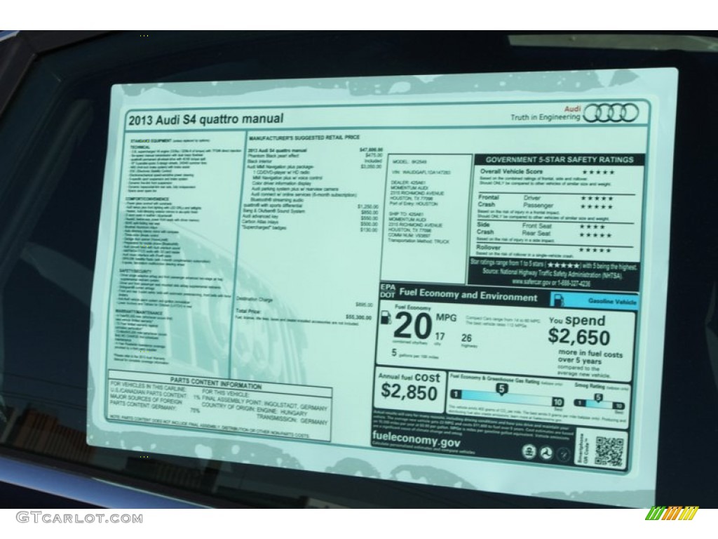 2013 Audi S4 3.0T quattro Sedan Window Sticker Photo #74841296