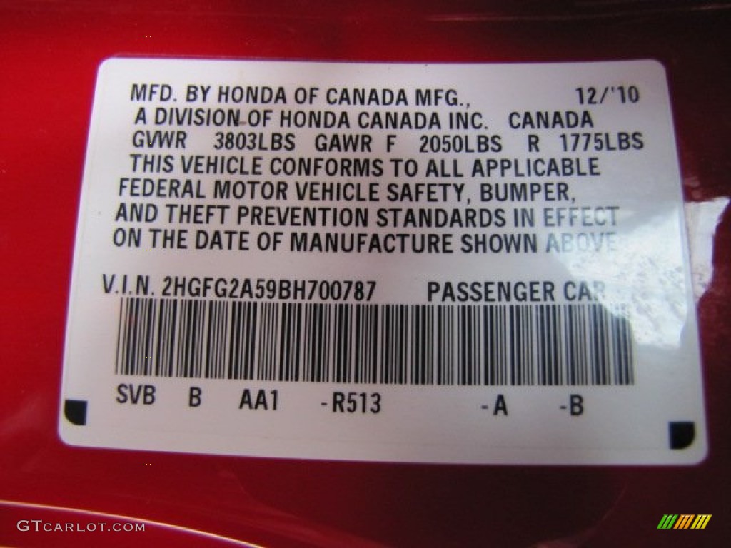2011 Civic Color Code R513 for Rallye Red Photo #74849123