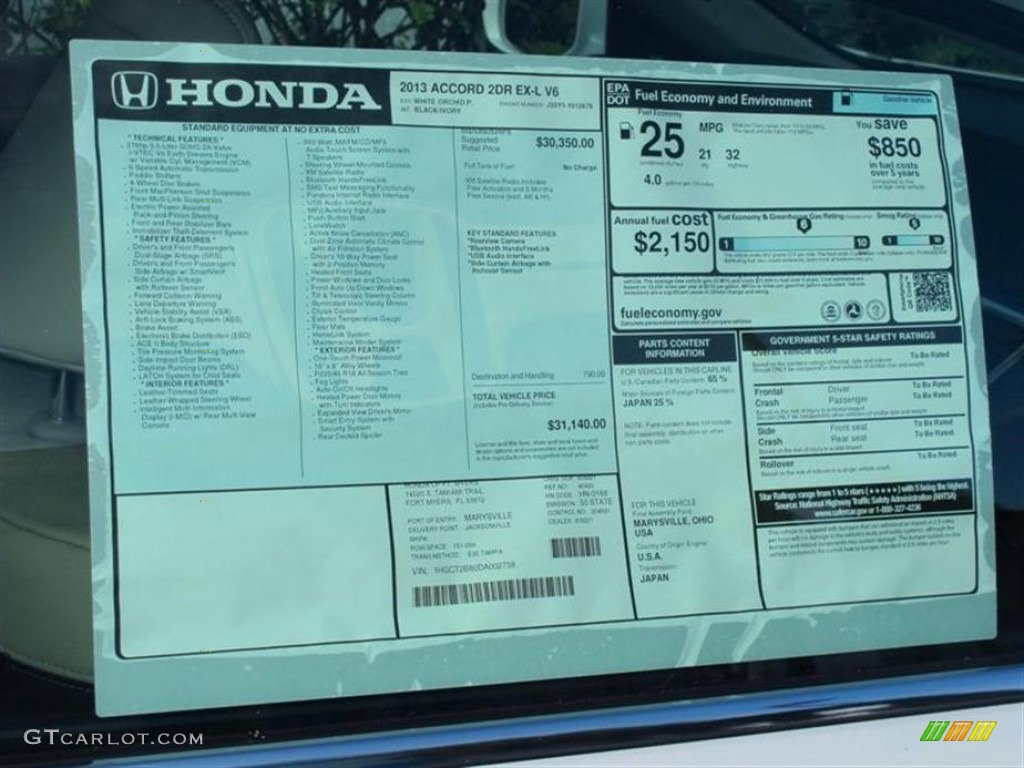 2013 Honda Accord EX-L V6 Coupe Window Sticker Photo #74851004