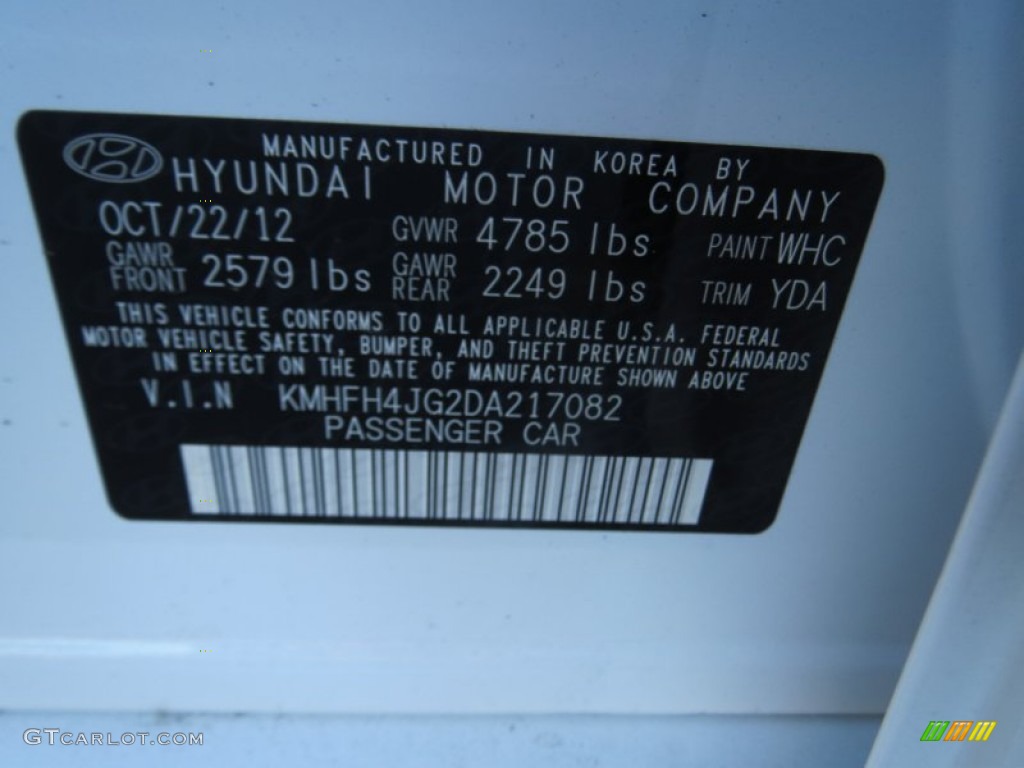 2013 Azera Color Code WHC for Porcelain White Pearl Photo #74881413