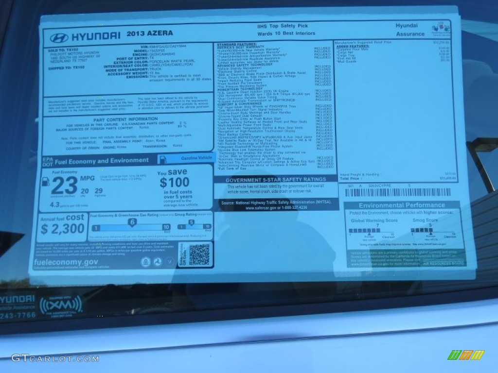 2013 Hyundai Azera Standard Azera Model Window Sticker Photo #74882952