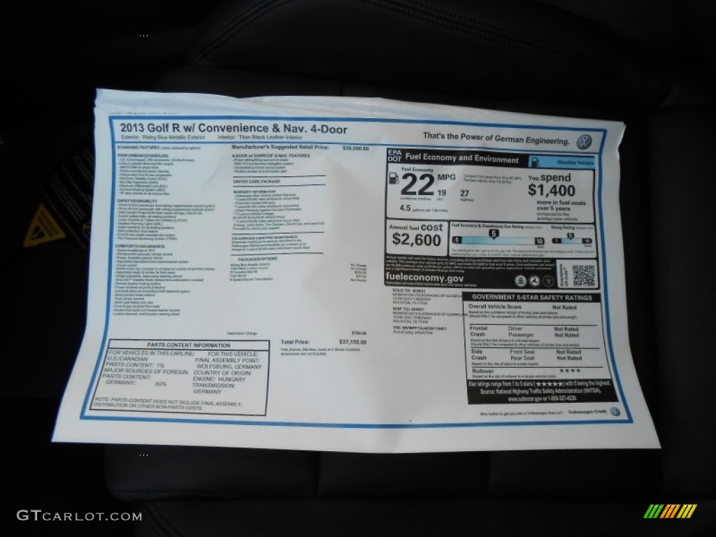2013 Volkswagen Golf R 4 Door 4Motion Window Sticker Photo #74883396