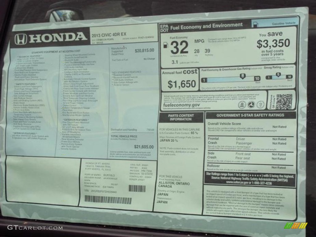 2013 Honda Civic EX Sedan Window Sticker Photo #74893620