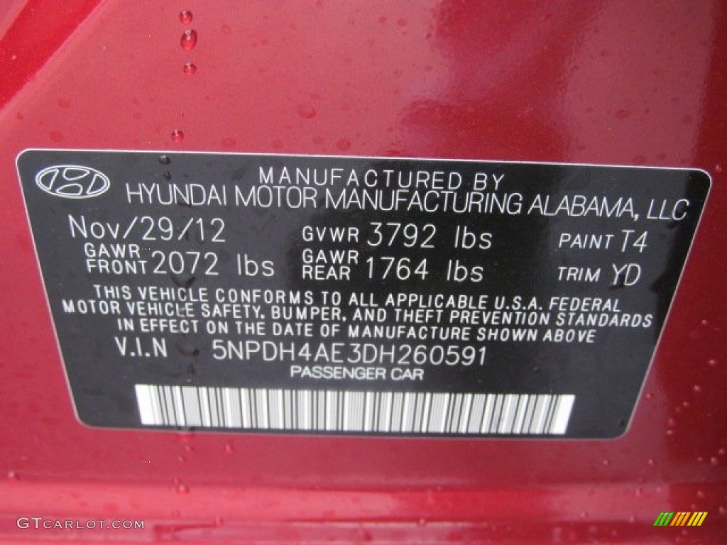 2013 Elantra Color Code T4 for Red Photo #74900942