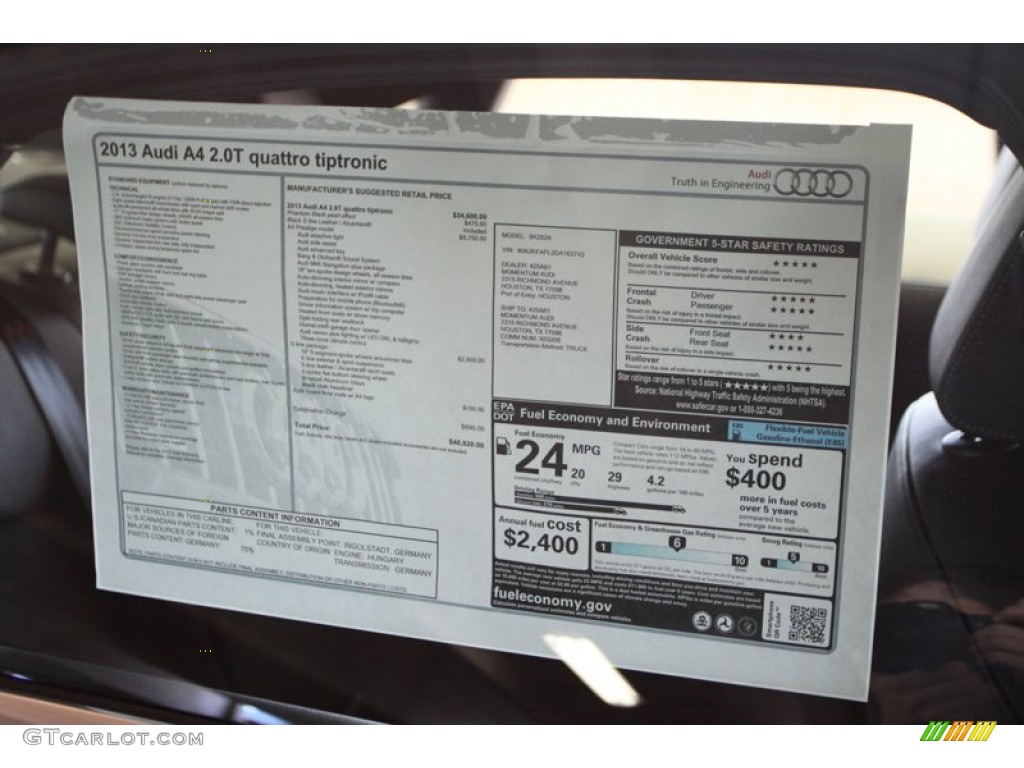 2013 Audi A4 2.0T quattro Sedan Window Sticker Photo #74915655